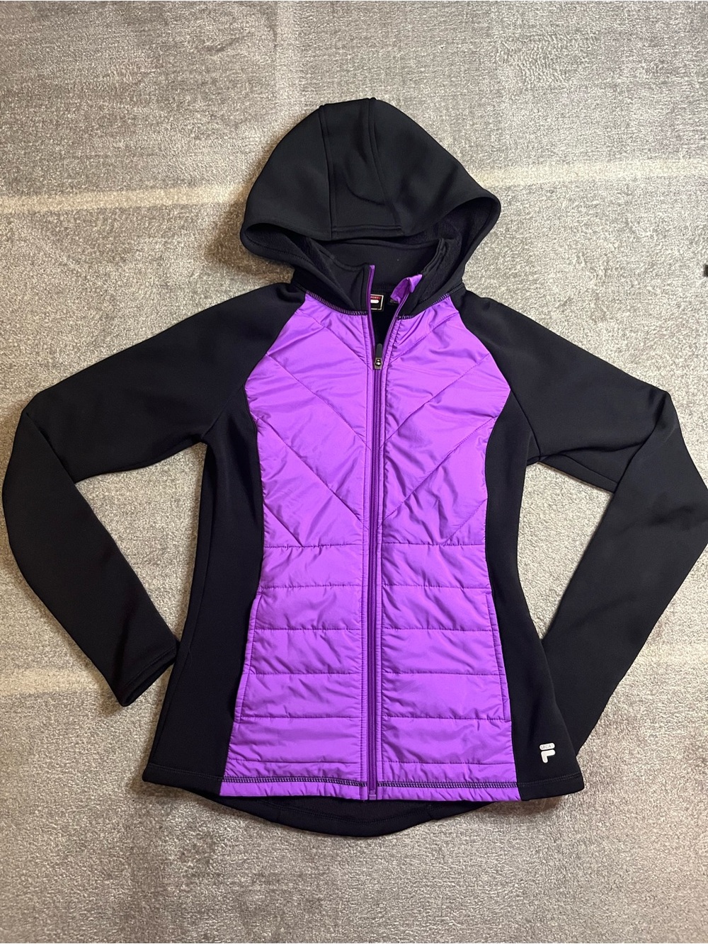 Fila sport purple black jacket women’s size s hood thumb holes hip hop athletic